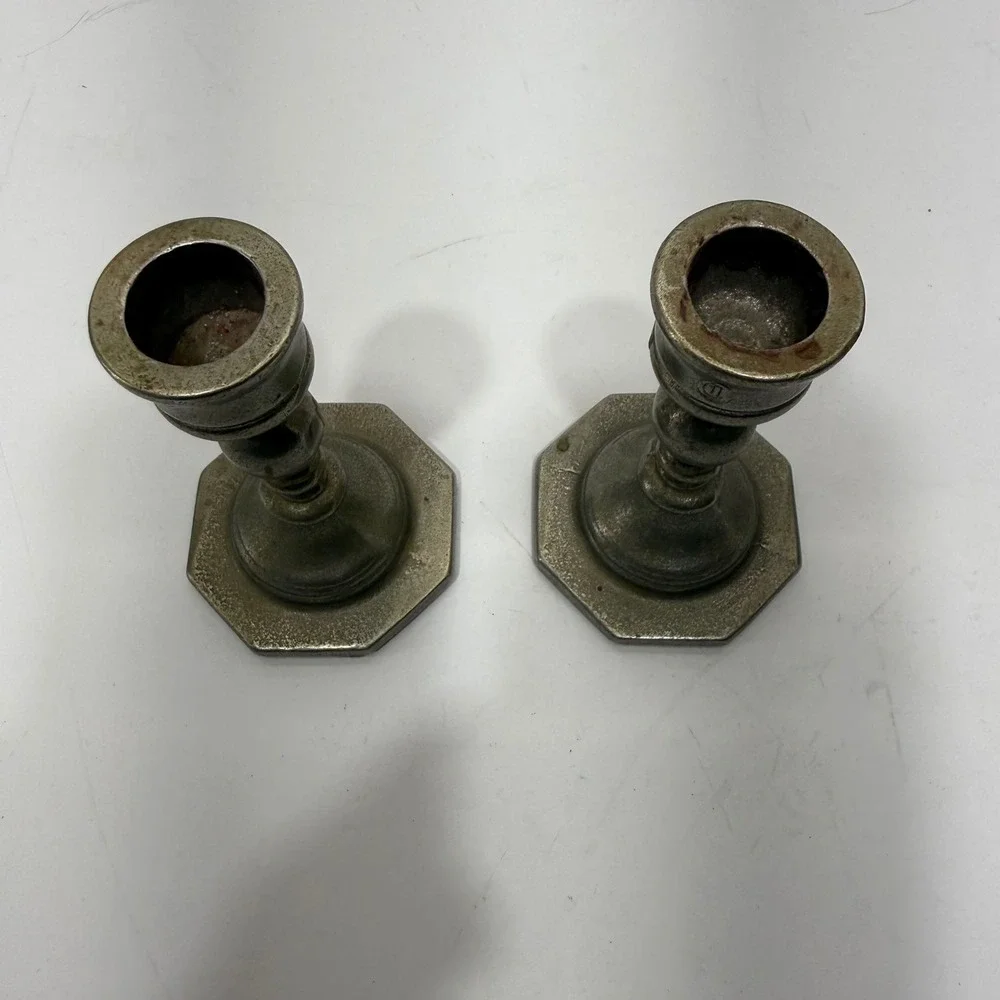 Vintage Metal Candlestick Holders Pair Octagonal Base Pewter Tone Rustic Decor